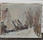 Huile sur toile chemin enneigé avec maison signe, Enlèvement ou Envoi