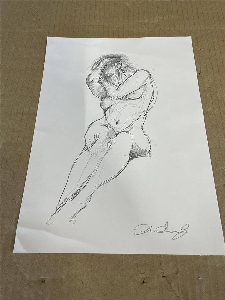 Pen tekening van naakte vrouw in zit positie, Antiek en Kunst, Kunst | Tekeningen en Fotografie, Ophalen of Verzenden