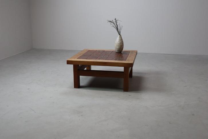 Mid-Century botanical ceramic tile coffee table in Oak, Huis en Inrichting, Tafels | Salontafels, Gebruikt, Vierkant, Ophalen