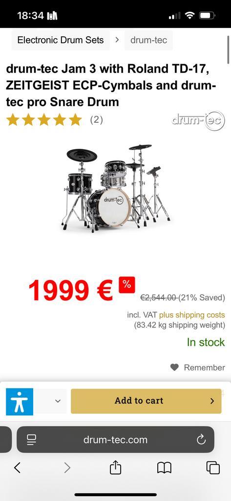 drum-tec Jam 3 with Roland TD-17, drum-tec pro Snare Drum, Muziek en Instrumenten, Drumstellen en Slagwerk, Zo goed als nieuw