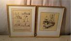 2 Oude Tekeningen - P Van Leeuwen - in vergulde fotolijsten, Antiek en Kunst, Ophalen of Verzenden