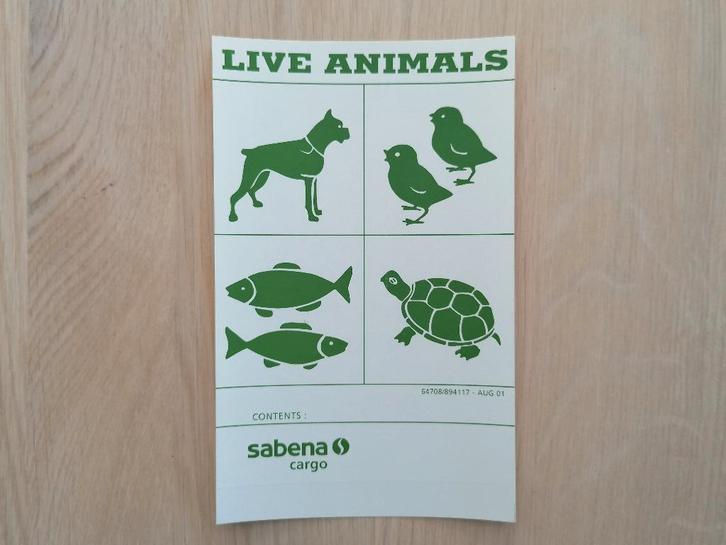 Sabena Sticker #002 Live Animals Contents Sabena Cargo 10x16, Verzamelen, Stickers, Nieuw, Dier en Natuur, Ophalen of Verzenden
