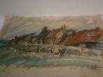 Aquarel Duitse onderzeeër UC61 Wissant, Ophalen of Verzenden, Kunstobject