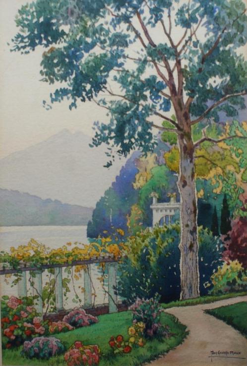 Tony Georges Roux (1894-1928): Tuin aan meer (49 x 62 cm), Antiquités & Art, Art | Peinture | Classique, Enlèvement ou Envoi