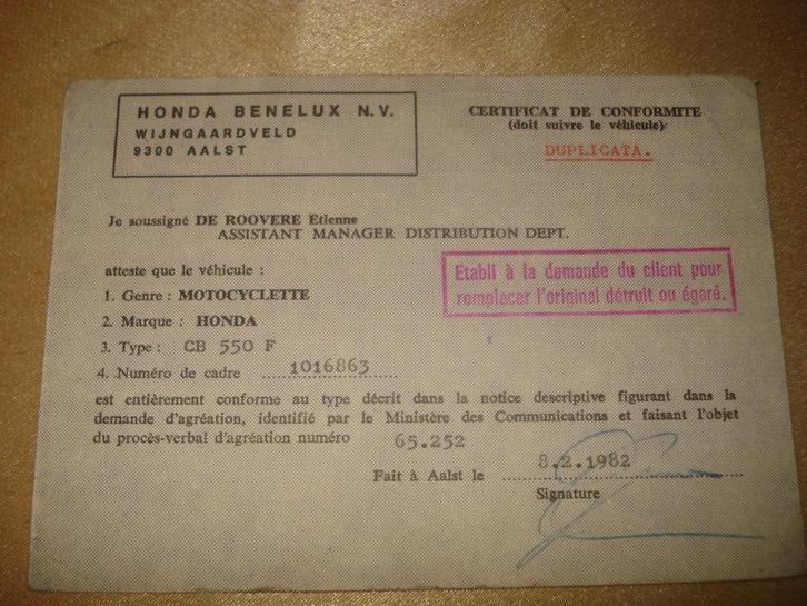 Ancien Certificat Conformité Moto Honda CB-550 F 1982, Motoren, Handleidingen en Instructieboekjes, Honda, Ophalen of Verzenden