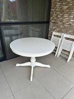 Ronde, witte tafel met 4 stoelen (+ 4 extra klapstoeln), Kunststof, 100 tot 150 cm, 150 tot 200 cm, Rond