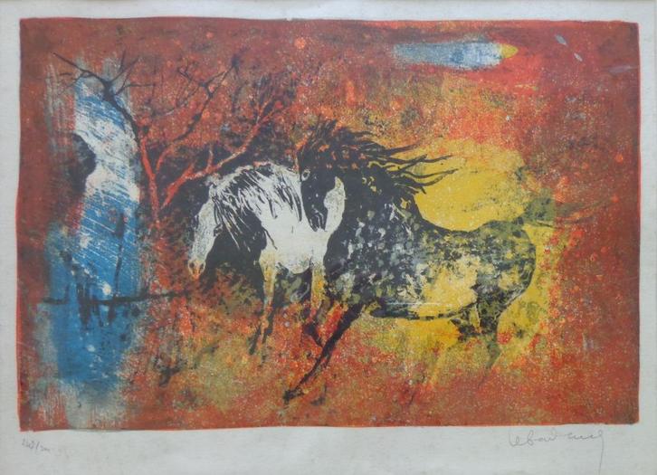 DANG LEBADANG / COMPOSITIE PAARDEN / KLEURLITHO / 41x47cm, Antiek en Kunst, Kunst | Litho's en Zeefdrukken, Ophalen of Verzenden