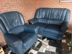 Twee- en éénzit in blauw leder  goede staat, Huis en Inrichting, Zetels | Zetels, Ophalen