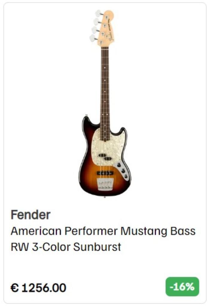 Fender Mustang Bass RW 3-Color Sunburst (16% korting), Muziek en Instrumenten, Snaarinstrumenten | Gitaren | Bas, Nieuw, Elektrisch