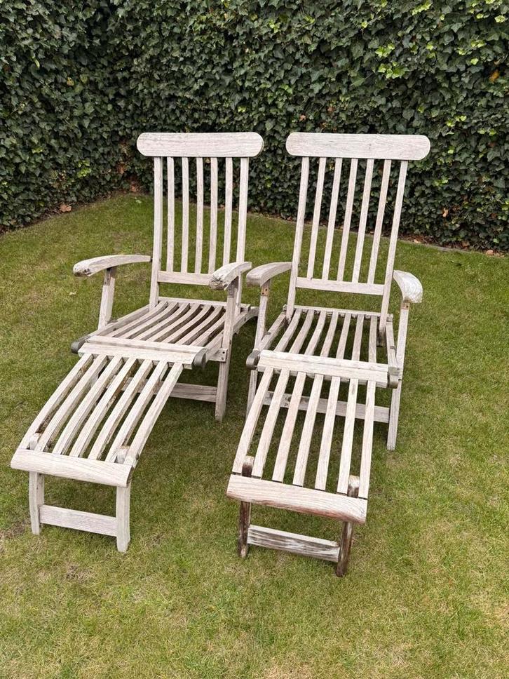 2 Teak ligstoelen, Tuin en Terras, Ligbedden, Gebruikt, Hout, Inklapbaar, Ophalen