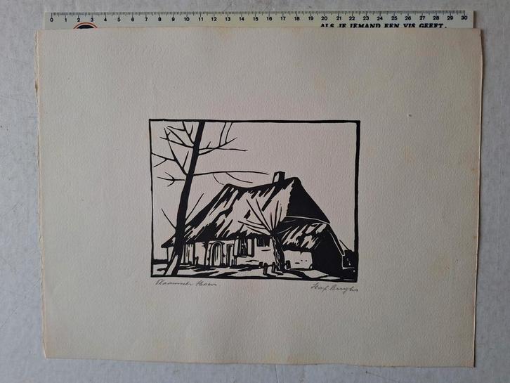 Hout- of linosnede Staf Berghs "Vlaamsche hoeve", Antiquités & Art, Art | Eaux-fortes & Gravures, Enlèvement ou Envoi