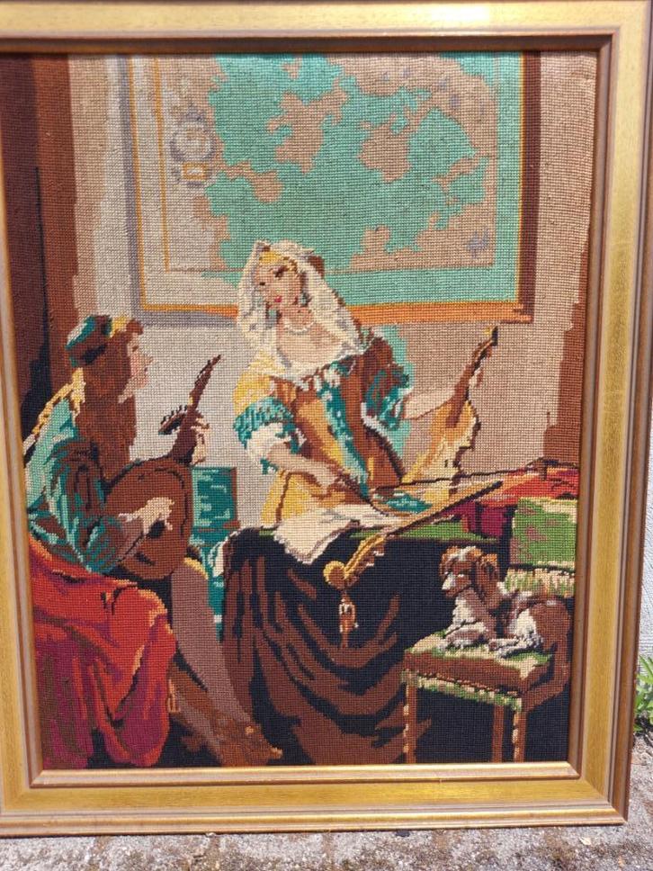 Ingekaderd borduurwerk met Koppel muzikanten, Antiek en Kunst, Kunst | Schilderijen | Klassiek, Ophalen