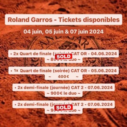 Roland Garros demi-finale CAT2, Tickets en Kaartjes, Sport | Tennis, Twee personen, Juni