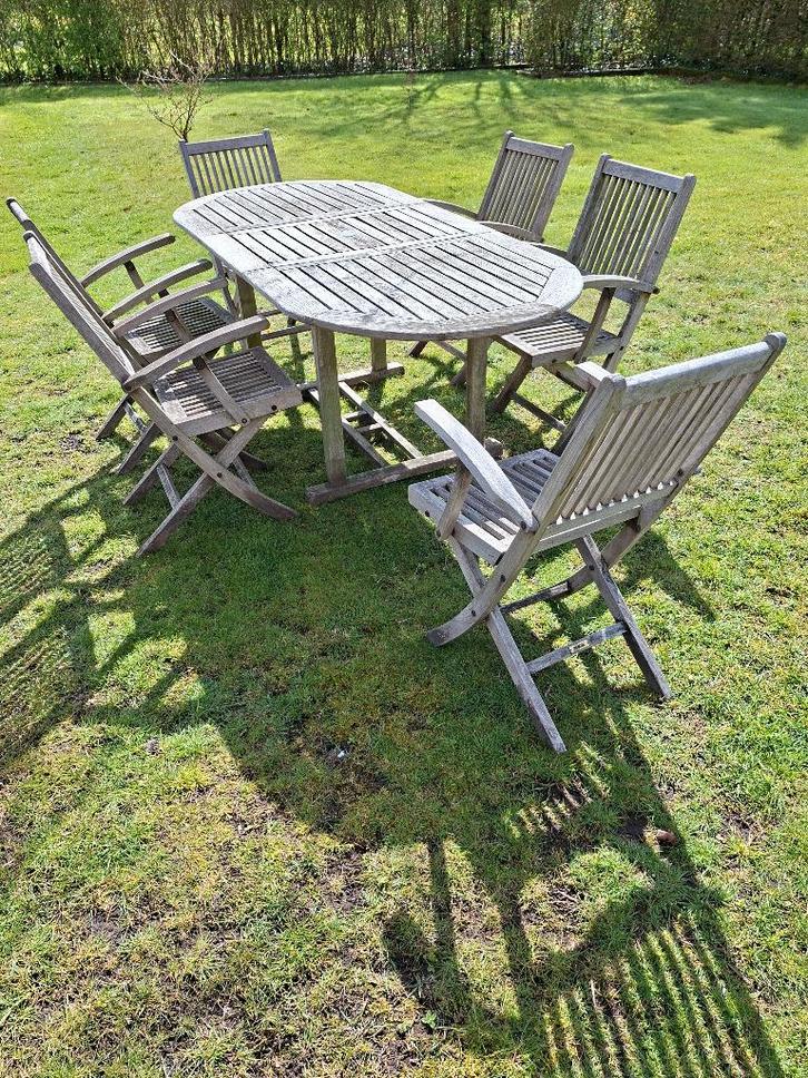 tuintafel teak ovaal & 6 stoelen teak, Jardin & Terrasse, Tables de jardin, Utilisé, Ovale, Bois de teck, Enlèvement