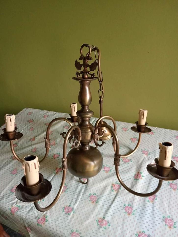 Lustre vintage 5 branches., Maison & Meubles, Lampes | Lustres, Utilisé, Verre, Métal, Enlèvement