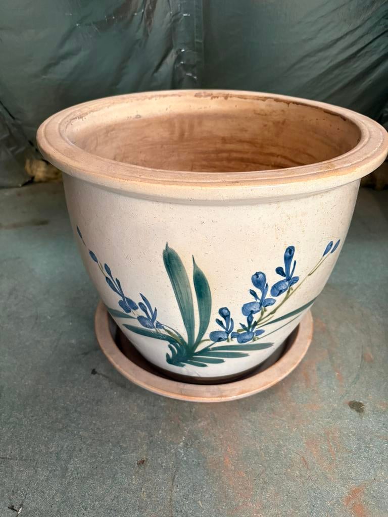 Geglazuurde terracottapot met bloemmotief, Tuin en Terras, Ophalen, Zo goed als nieuw, Terracotta