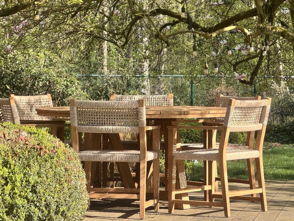 nieuw!: Ronde teaktafel + 6 tuinstoelen in wicker/teak, Tuin en Terras, Hardhout, Nieuw, Ophalen of Verzenden, Tuinset