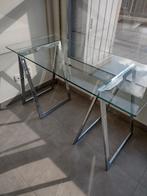 tafel helder glazen blad chromé schragen, Ophalen, Gebruikt, 100 tot 150 cm, Glas