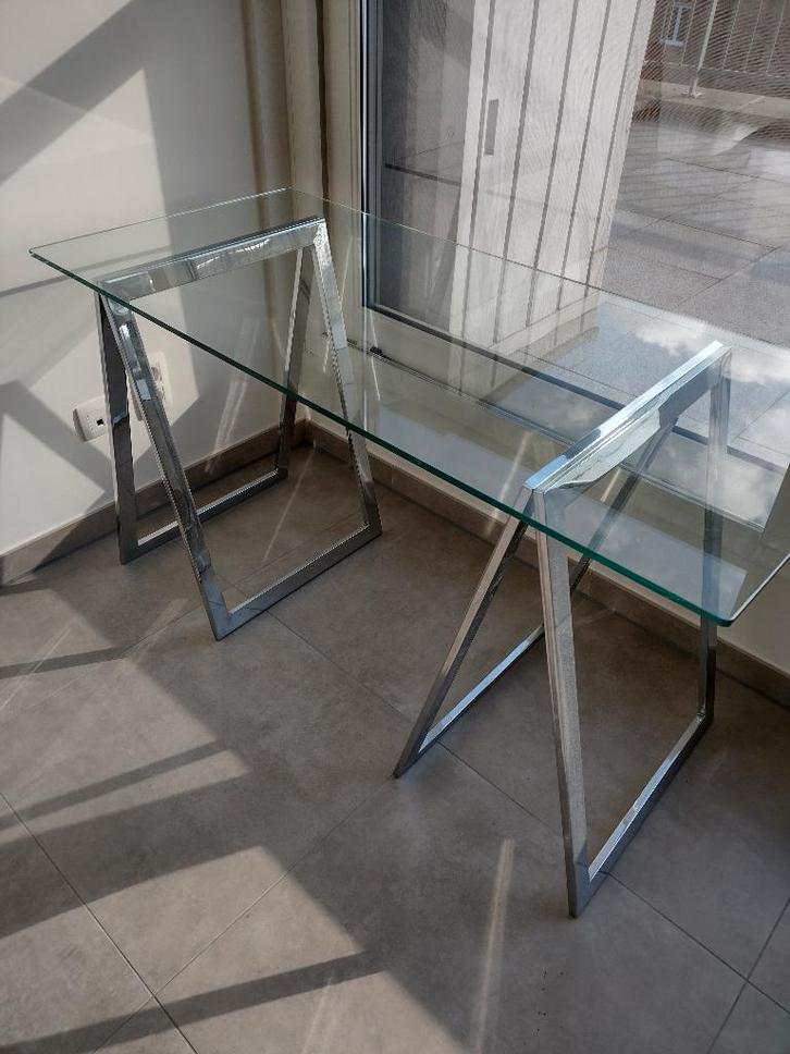 tafel helder glazen blad chromé schragen, Huis en Inrichting, Tafels | Sidetables, Gebruikt, 50 tot 75 cm, 100 tot 150 cm, Rechthoekig