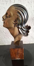 Bronzen damesprofiel op houten sokkel tijdperk art-deco, Ophalen, Brons