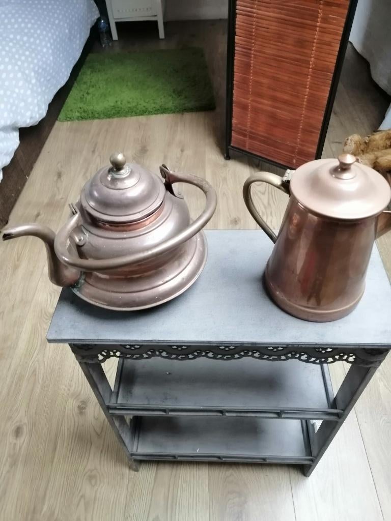 bouloire et cafetiere cuivre + rechau + service rouge email, Enlèvement, Cuivre