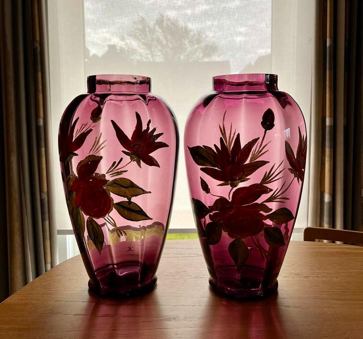 Koppel handbeschilderde jaren 50 vazen 40 cm retro glas, Antiek en Kunst, Antiek | Vazen, Ophalen