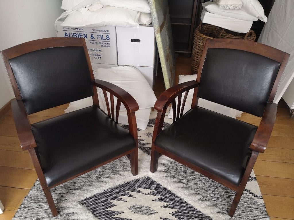Fauteuils vintage cuir et bois, Maison & Meubles, Fauteuils, Moins de 75 cm, Vintage, Comme neuf, Enlèvement
