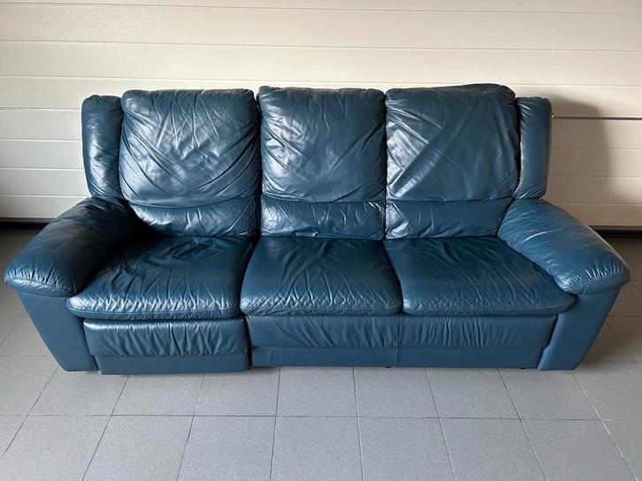 Donkerblauwe lederen 3-zits zetel, Huis en Inrichting, Zetels | Zetels, Gebruikt, Rechte bank, Driepersoons, 150 tot 200 cm, 75 tot 100 cm
