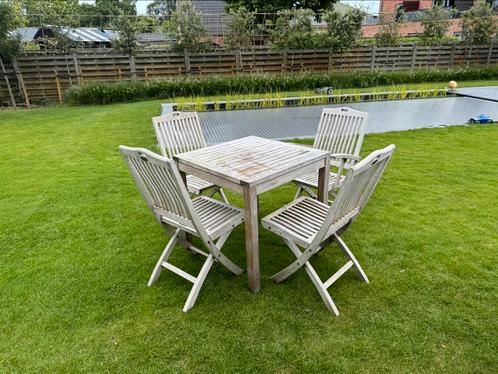 Plantation teak set tafel en 4 stoelen, Tuin en Terras, Tuinsets en Loungesets, Zo goed als nieuw, Stoel, Ophalen