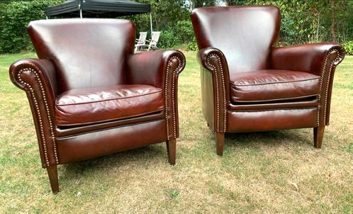 2 tijdloze schaapleren ClubFauteuils van Muylaert Belgie, Huis en Inrichting, Fauteuils, Gebruikt, Leer, 75 tot 100 cm, 75 tot 100 cm
