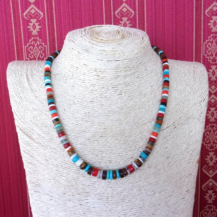 Navajo surferketting in koraal, turkoois, jaspis, parelmoer, Handtassen en Accessoires, Kettingen, Nieuw, Zilver, Blauw, Met edelsteen