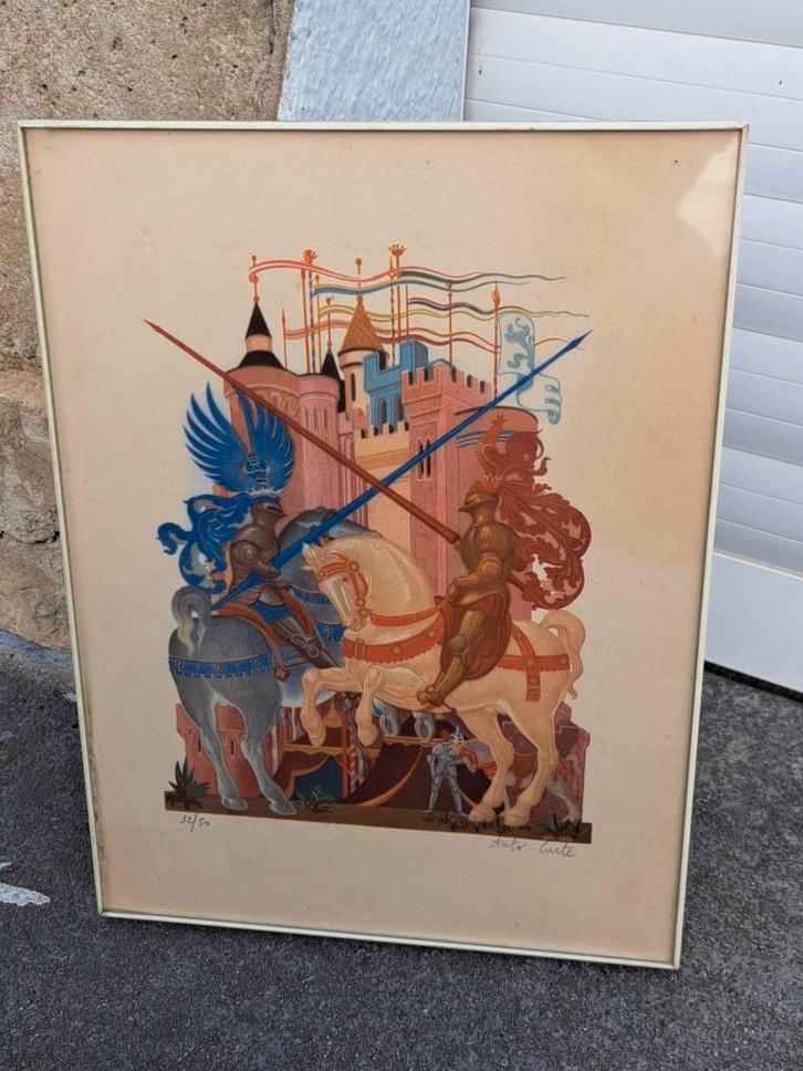 Lithographie moyen age signe Anto carte, Antiek en Kunst, Kunst | Litho's en Zeefdrukken, Ophalen of Verzenden