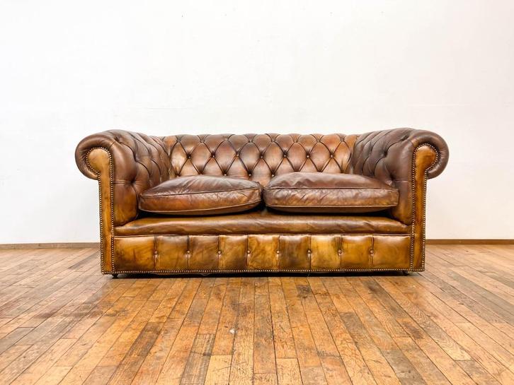 Originele Chesterfield 2,5 zit cognac, Huis en Inrichting, Zetels | Zetels, Gebruikt, Rechte bank, Tweepersoons, 150 tot 200 cm