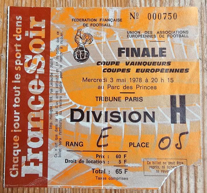 1978 Anderlecht - Austria Wenen Finale Europacup 2 Ticket!, Verzamelen, Sportartikelen en Voetbal, Zo goed als nieuw, Ophalen of Verzenden