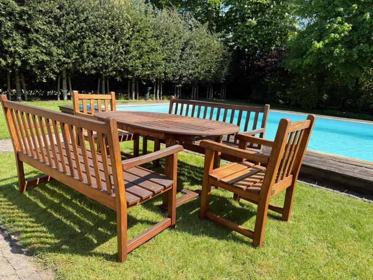 Teak tuinset - tafel, stoelen, banken, Tuin en Terras, Tuinsets en Loungesets, Zo goed als nieuw, Tuinset, Teakhout, 8 zitplaatsen