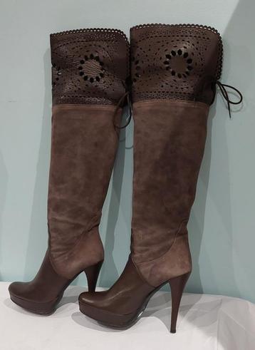 518C* ALBANO sexy hoge laarzen bruin leer hoge hakken (38) beschikbaar voor biedingen