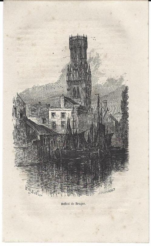 1880 - Brugge - het Belfort, Antiek en Kunst, Kunst | Etsen en Gravures, Verzenden