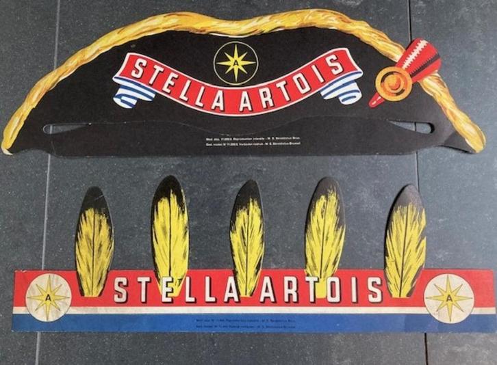 Vintage-Stella Artois-Reclame-2X-Plooihoed-Napoleon+Indiaan, Verzamelen, Biermerken, Zo goed als nieuw, Reclamebord, Plaat of Schild