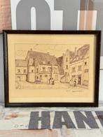 1955 tekening gesigneerd Cauwenberg HS.H op het dorpsplein, Antiek en Kunst, Kunst | Tekeningen en Fotografie, Ophalen of Verzenden