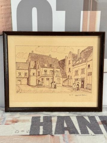 1955 tekening gesigneerd Cauwenberg HS.H op het dorpsplein beschikbaar voor biedingen