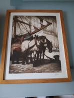 gesigneerde ets Kurt Peiser , paarden in de haven, Antiek en Kunst, Ophalen of Verzenden