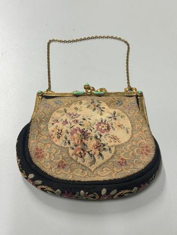 Antiek geborduurd dames handtas tas portemonnee bloemmotief