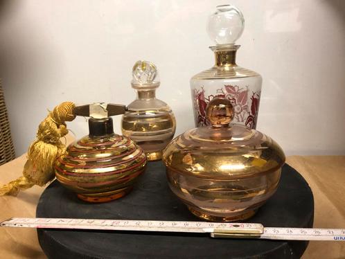 Setje antiek oud goud beschilderd glaswerk, Antiek en Kunst, Antiek | Glaswerk en Kristal, Ophalen of Verzenden