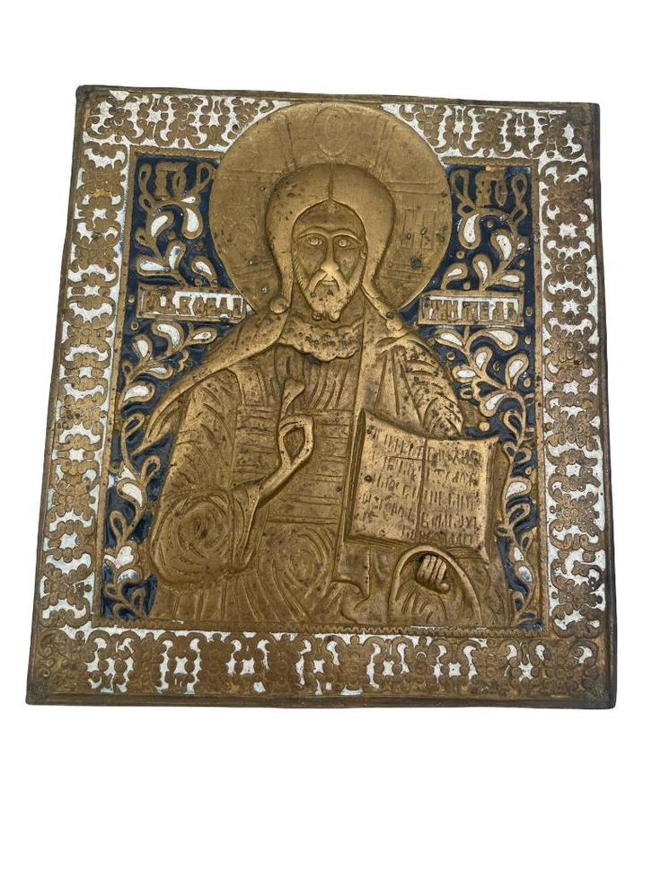 Russisch-orthodoxe icoon Christ Pantocrator geëmailleerd, Antiek en Kunst, Antiek | Religieuze voorwerpen, Ophalen of Verzenden