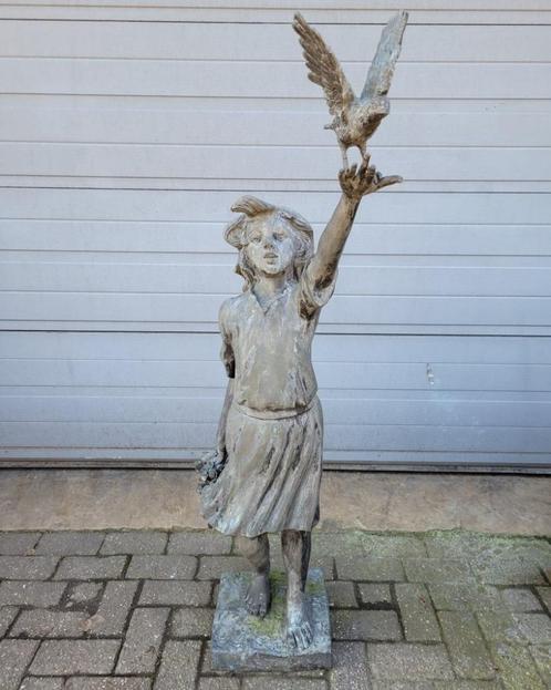 Antiek brons standbeeld Meisje met de Vogel, Antiek en Kunst, Antiek | Brons en Koper, Brons, Ophalen of Verzenden