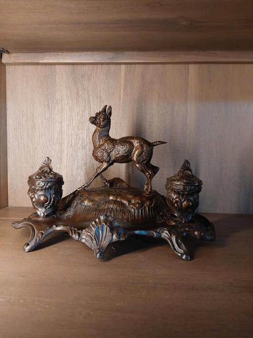 Antiek vintage inktpot inktstel met hert Gesigneerd Bossu, Antiek en Kunst, Antiek | Brons en Koper, Koper, Ophalen of Verzenden