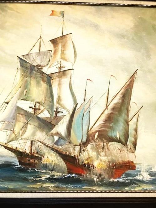 Tableau bataille navale huile sur toile 62 x L 72🔥🤩🎁🤗👌, Antiquités & Art, Art | Peinture | Classique, Enlèvement ou Envoi