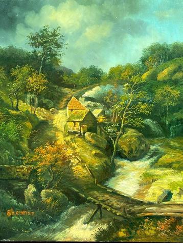 Landschapsschilderij geschilderd op hout en gesigneerd „Sher beschikbaar voor biedingen