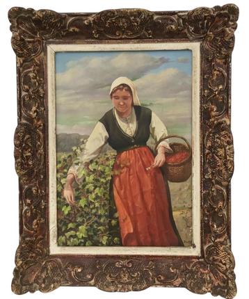 Peinture avec cadre Cueilleuse de groseilles Signée beschikbaar voor biedingen