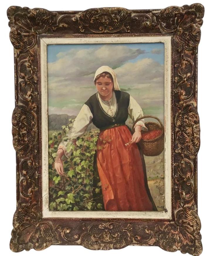 Peinture avec cadre Cueilleuse de groseilles Signée, Antiek en Kunst, Kunst | Schilderijen | Klassiek, Ophalen
